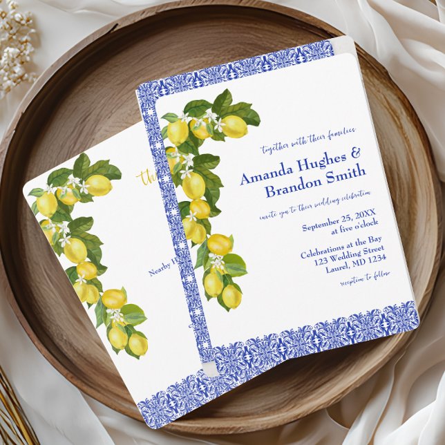 Amalfie Coast I Italian Lemon & Blue Tile Inbjudningar (Amalfi Coast Invitation)
