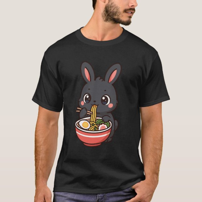 Amami Rabbit Eating Ramen Noodles Kawaii Cute Funn T Shirt (Framsida)