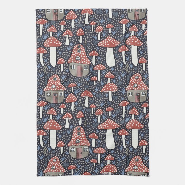 Amanita Magic Mushroom Village Cute Illustration Kökshandduk (Vertikal)