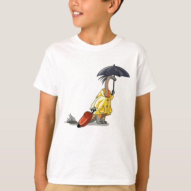 Amargasaurus Holding Parbrella and Suitcase. T Shirt (Framsida)