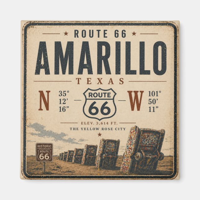 Amarillo Route 66 Koordinater Souvenir Magnet (Framsidan)