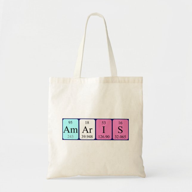 Amaris periodisk påse mellan bord och namn tygkasse (Framsidan)