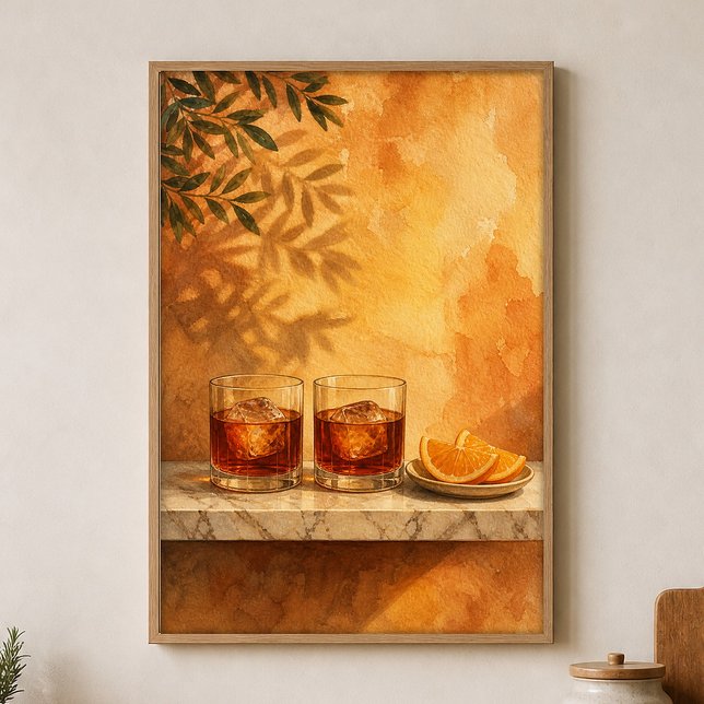Amaro Glas & Orange Skivor Akvarell Poster (Shown framed for scale. Poster ships unframed; frames are an optional add-on.)