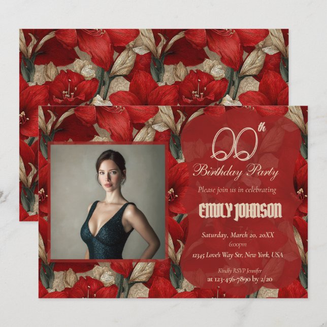 Amaryllis Inspirerad Överraskningsfödelsedag Moder Inbjudningar (Fram/baksida)