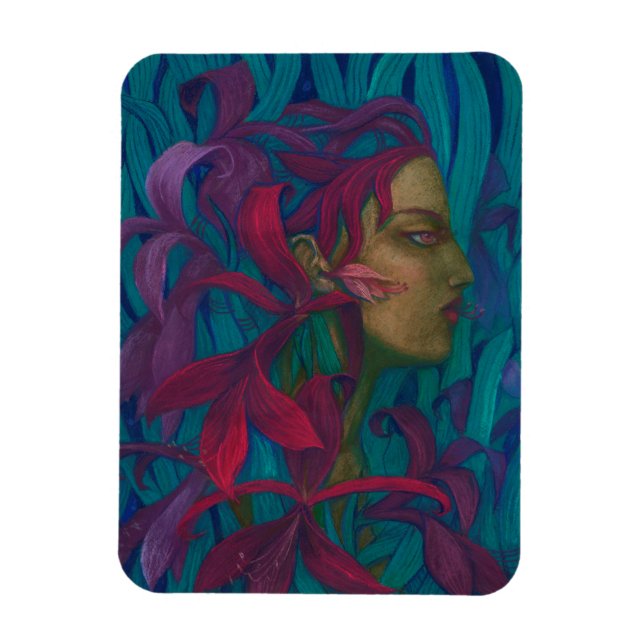Amaryllis, kvinna och blommor bra konst popsurreal magnet (Vertikal)