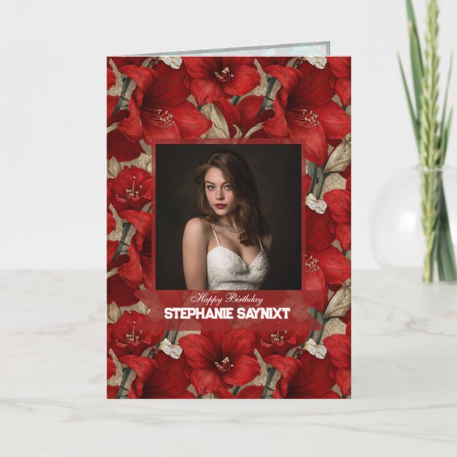 Amaryllis Röd Trädgård Milstolpe Födelsedag Boho Kort (Framsida)