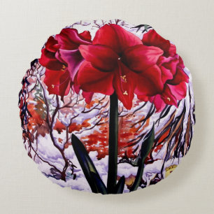 Amaryllis vid snöfönstret rund kudde