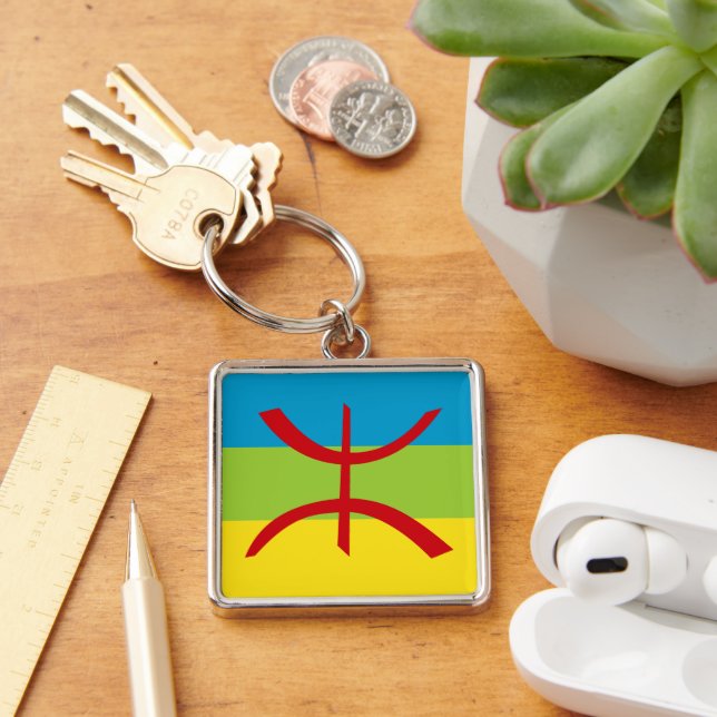 Amazigh Flagga Gift Berber Flagga Kabyles Fyrkantig Silverfärgad Nyckelring (Skrivbord)