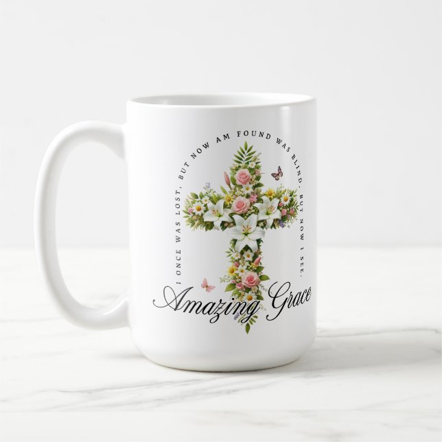 Amazing Grace Blommig Kristet Kors Kaffemugg (Vänster)