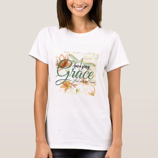 Amazing Grace blommor och trollslända   T Shirt (Framsida)