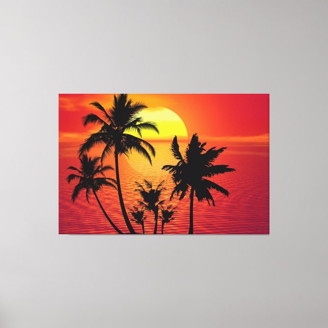 Amazing sunset with palms on tropical beach canvastryck (Framsida)