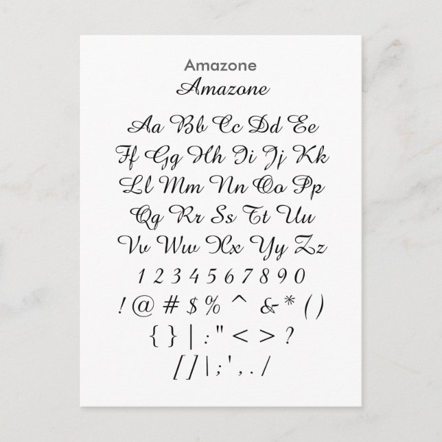 Amazone - Zazzle Font Sampler Lakan Vykort (Framsida)