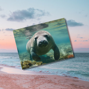 Amazonia Manatee simmar över revet. Vykort