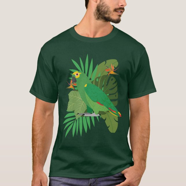 Amazonpapegoja med bladbakgrund t shirt (Framsida)