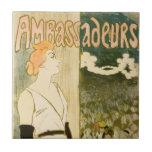Ambassaurs Yvette Guilbert av Theophile Steinlen Kakelplatta<br><div class="desc">Vintage illustration Fransk Art nouveau annonsering poster utformning för ambassader med Yvette Guilbert av Theophile Alexandre Steinlen. Yvette Guilbert var en sångare och skådespelerska för Fransken vid Belle Époque.</div>
