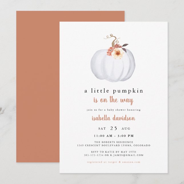 Amber - En liten Pumpkin Rustic Fall Baby Shower Inbjudningar (Fram/baksida)