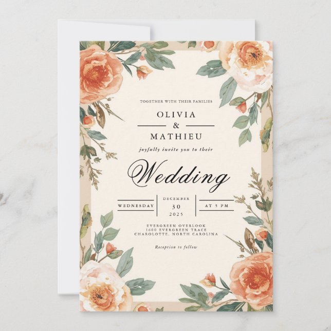 Amber Floral Brushstroke Wedding Inbjudningar (Framsida)