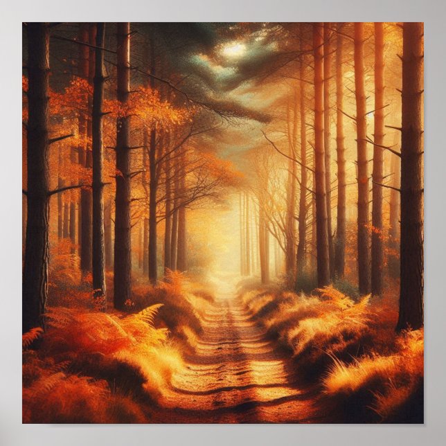 Amber Forest Path with Sunbeams – Autumn Poster  (Framsidan)