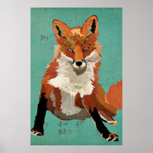 Amber Fox Retro Blue Art Poster (Framsidan)