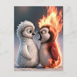 Amber & Frosty Fire and Ice Penguin Poster Vykort