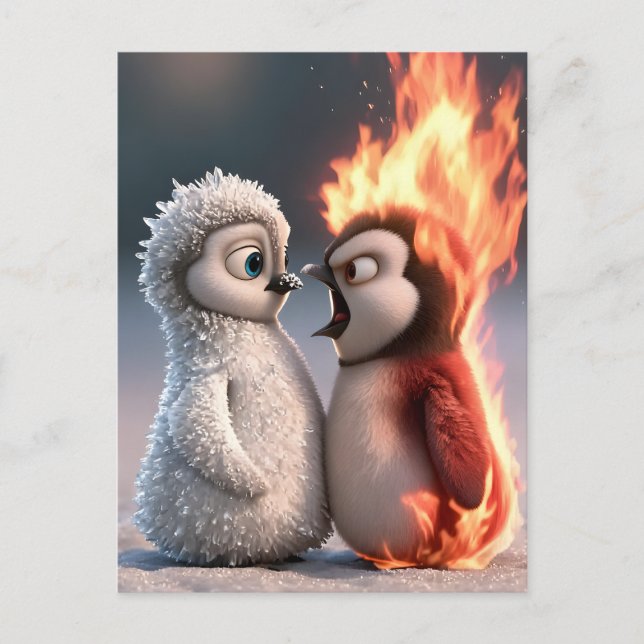 Amber & Frosty Fire and Ice Penguin Poster Vykort (Framsida)