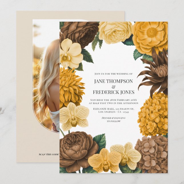 Amber Honey, Desert Clay & Marigold Bloom Wedding Inbjudningar (Fram/baksida)