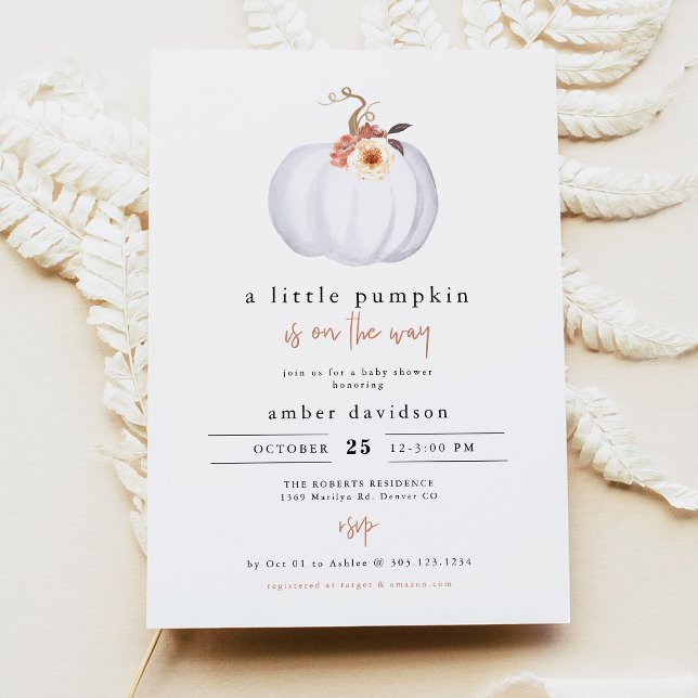 AMBER Modern Rustik Liten Pumpa Bebis Shower Inbjudningar (Terracotta Floral Little Pumpkin Baby Shower Invitation)