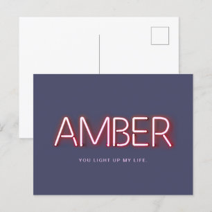 Amber namn i den ljusnande neon ljus novelty vykort