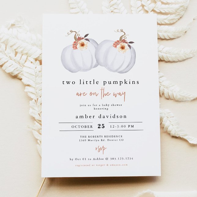 AMBER Rustik Två Små Pumpor Tvilling Babyshower Inbjudningar (Two Little Pumpkins on the Way Twin Baby Shower Invitation)