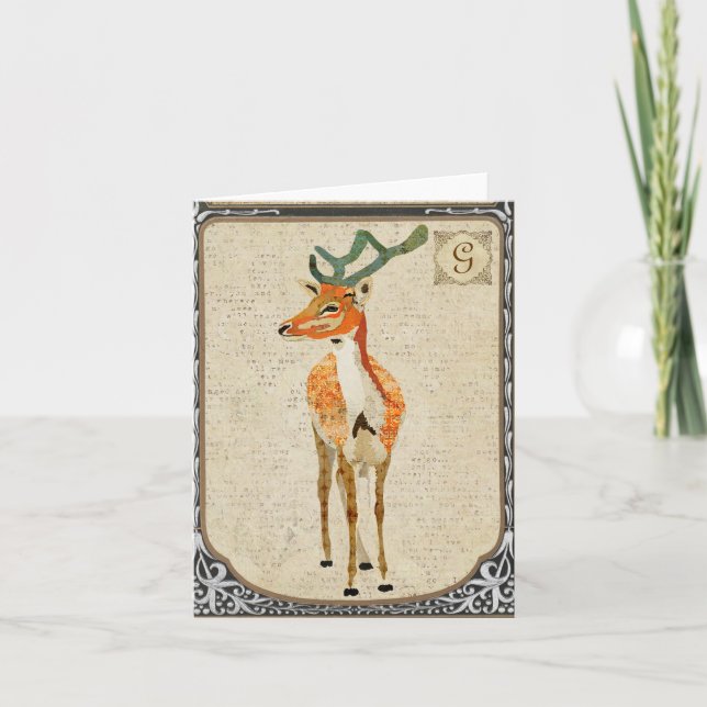 Amber Stag Vintage Monogram Notecard Anteckningskort (Framsida)