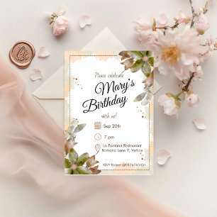 Amber Watercolor Blommigts Birthday Inbjudningar