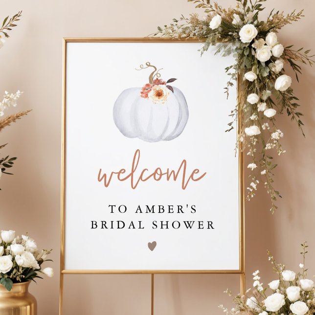 AMBER White Pumpkin Fall Möhippa Välkommen Poster (Terracotta Floral White Pumpkin Bridal Shower Welcome Sign)
