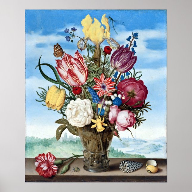 Ambrosius Bosschaert Bouquet of Flowers på Ledge Poster (Framsidan)