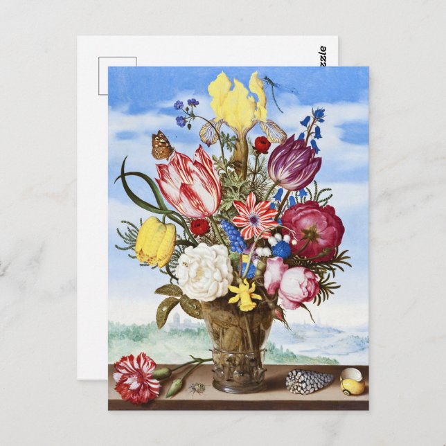 Ambrosius Bosschaert Bouquet of Flowers på Ledge Vykort (Fram/baksida)