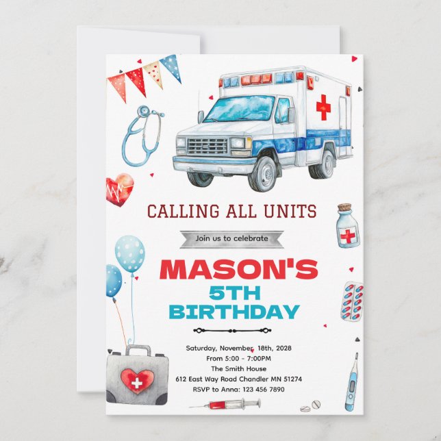 Ambulance party theme invitation inbjudningar (Framsida)