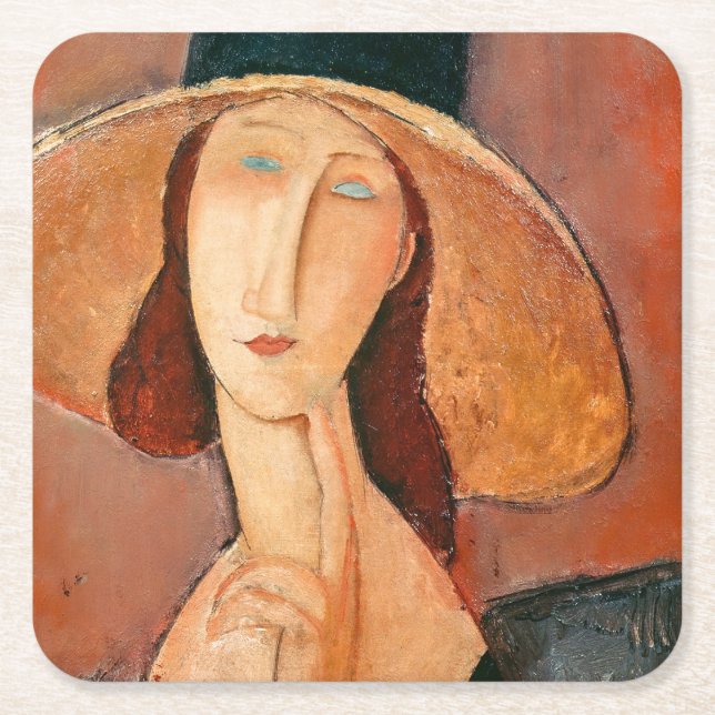 Amedeo Modigliani - Jeanne Hebuterne i Large Hat Underlägg Papper Kvadrat (Framsidan)