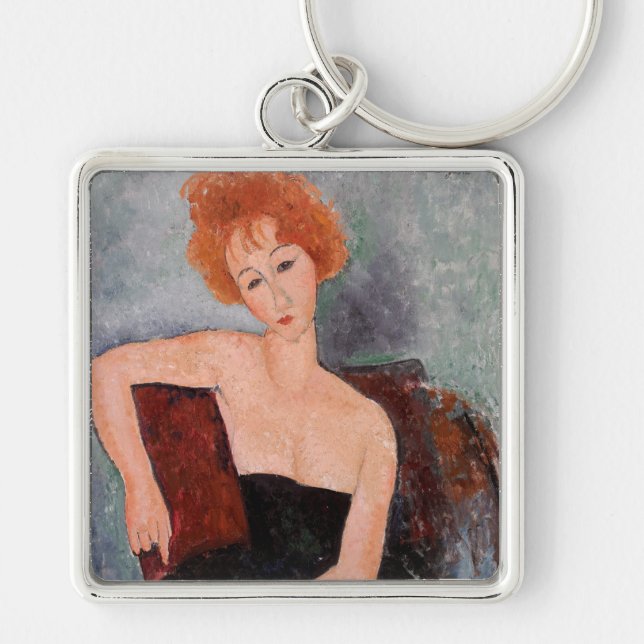 Amedeo Modigliani - Redhead Girl Evening Dress Fyrkantig Silverfärgad Nyckelring (Framsidan)