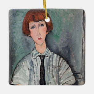 Amedeo Modigliani - Young Girl in a Stripe Blouse Julgransprydnad Keramik