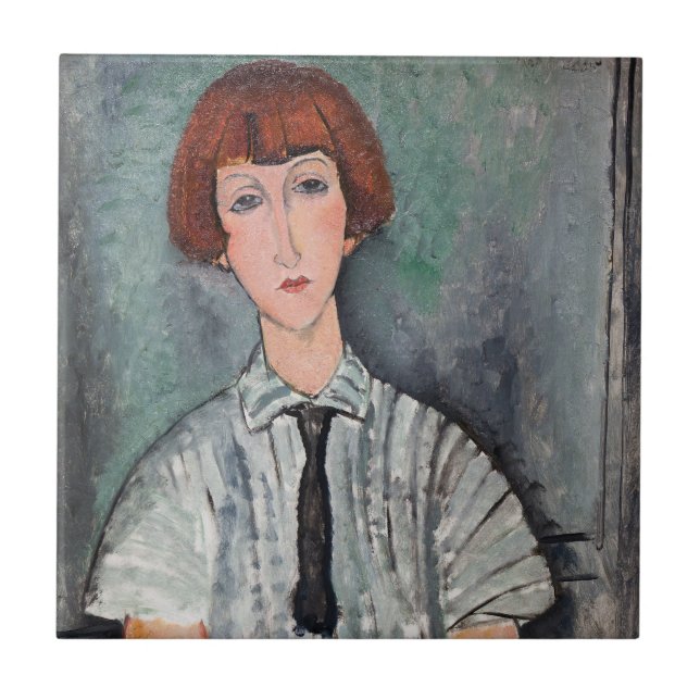 Amedeo Modigliani - Young Girl in a Stripe Blouse Kakelplatta (Framsidan)