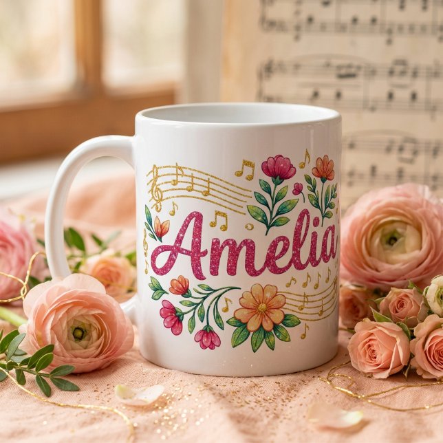 Amelia Blommig Musikälskare Glittermugg Kaffemugg (Amelia Floral Music Lover Glitter Mug)