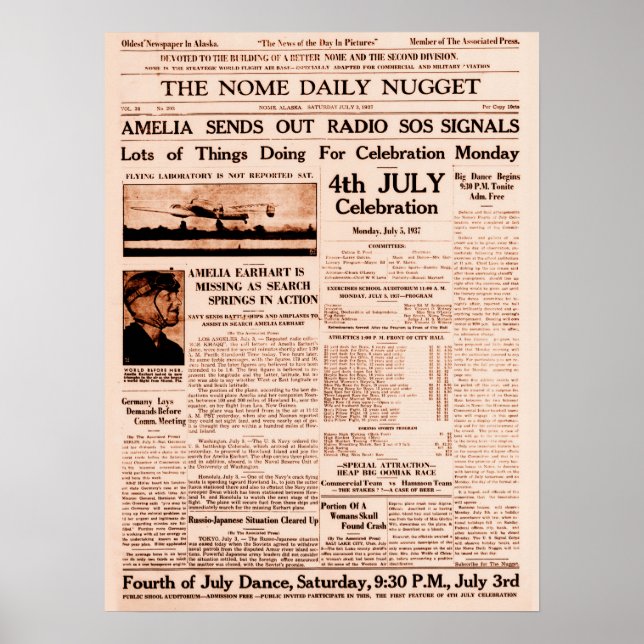Amelia Earhart Försvunnen Hela Sidan Tidning 1937 Poster (Framsidan)