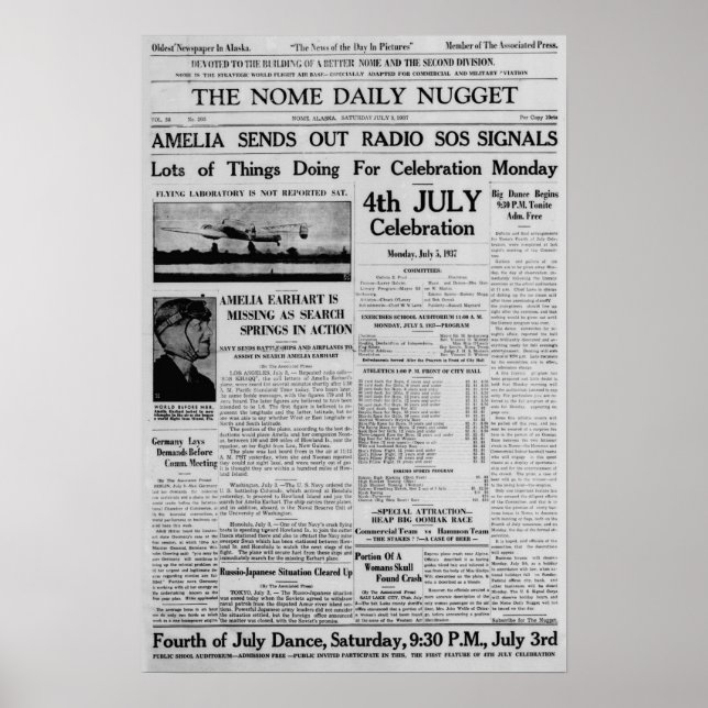 Amelia Earhart skickar ut radio-sos 3 juli 1937 Poster (Framsidan)