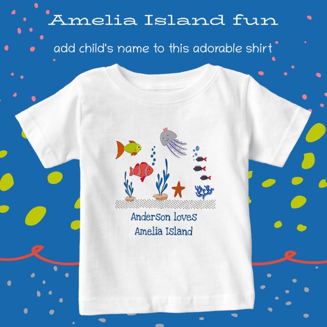 Amelia Island FL Roligt Ocean Fish with Child’s Na T Shirt (Cute Vacation Souvenir with name.)