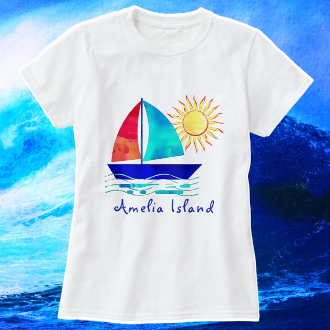 Amelia Island Florida Vacation Watercolor Sailboat T Shirt (Beautiful Amelia Island Sun and Sail Vacation shirt. Color choices available.)