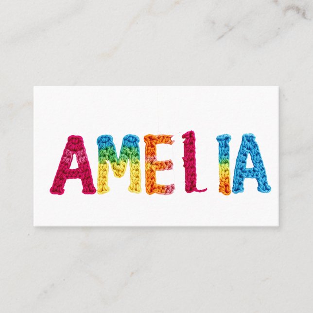 Amelia Namn i Vibrant Crochet Mönster Visitkort (Framsida)