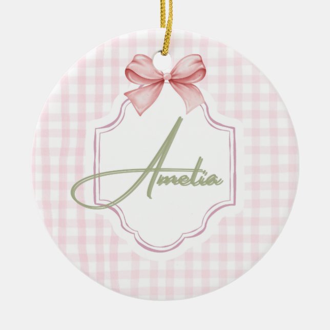 Amelia Personlig Rosa Bow & Gingham Skriv ut Julgransprydnad Keramik (Framsidan)