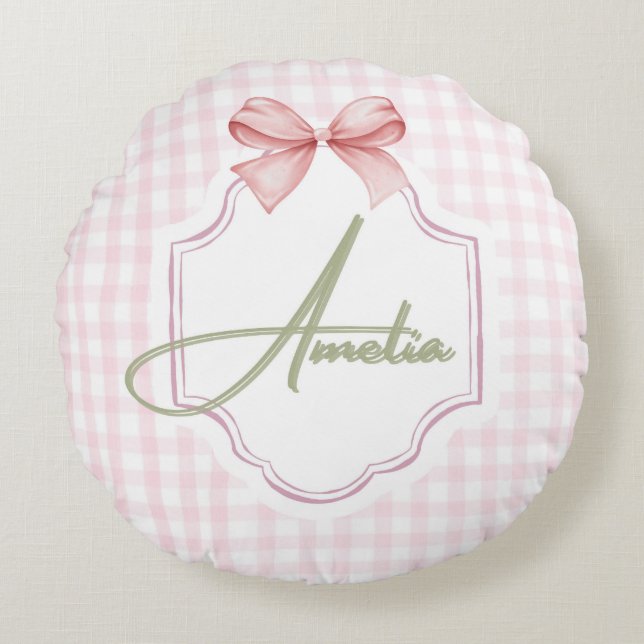 Amelia Personlig Rosa Bow & Gingham Skriv ut Rund Kudde (Framsidan)