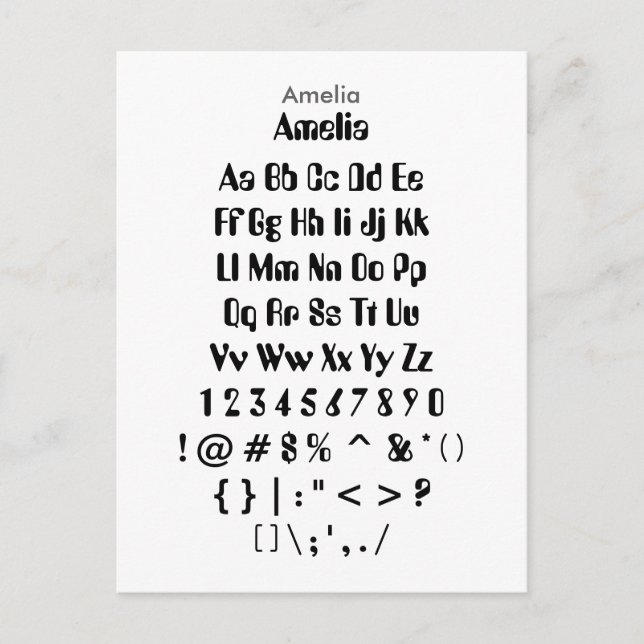 Amelia - Zazzle Font Sampler Lakan Vykort (Framsida)