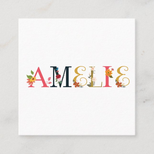 AMÉLIE First Namn Elegant Embroized Fyrkantigt Visitkort (Framsida)