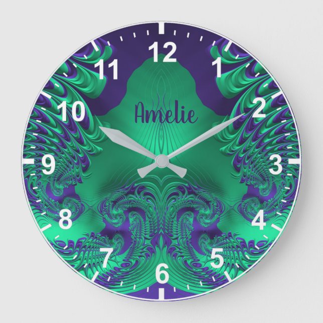 AMELIE ~ WOW! Fractal Mönster Grönt och Lila ~ Stor Klocka (Framsida)